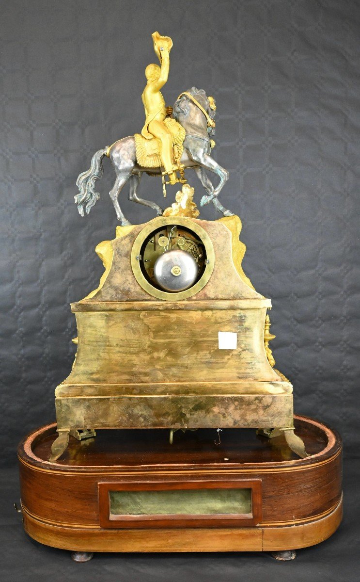 Horloge De Table Avec Napoléon, Socle En Bois Incrusté Et Cloche d'Origine - 19e Siècle-photo-4